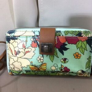 Sakroots Floral Crossbody Bag Mint Green Phone Purse Adjustable Strap Zipper